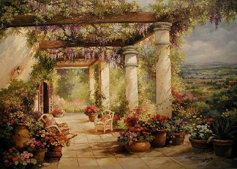 Verandah., view, flower, climber, verandah, chair, pillar, door, HD wallpaper