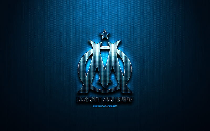 Olympique Marseille FC, blue metal background, Ligue 1, french football club, fan art, Olympique Marseille logo, football, soccer, Marseille FC, France, HD wallpaper