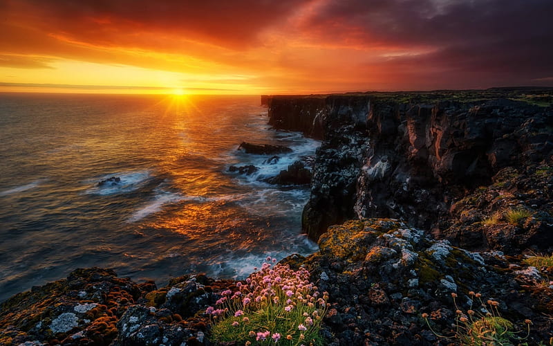 ocean, sunset, coast, waves, rocks, Atlantic Ocean, Iceland, Snaefellsnes Peninsula, HD wallpaper