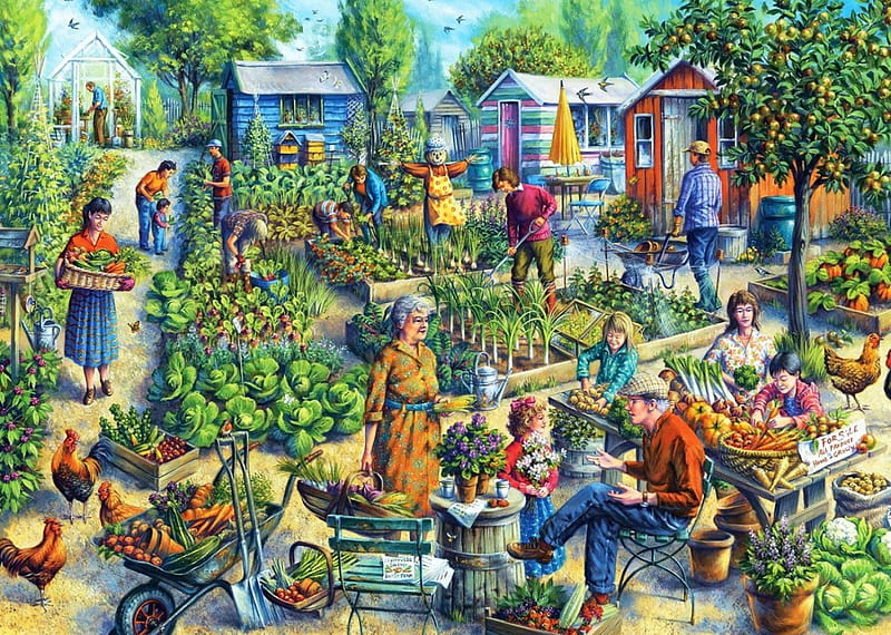Gardening, people, plants, painting, trees, vegetables, artwork, HD wallpaper