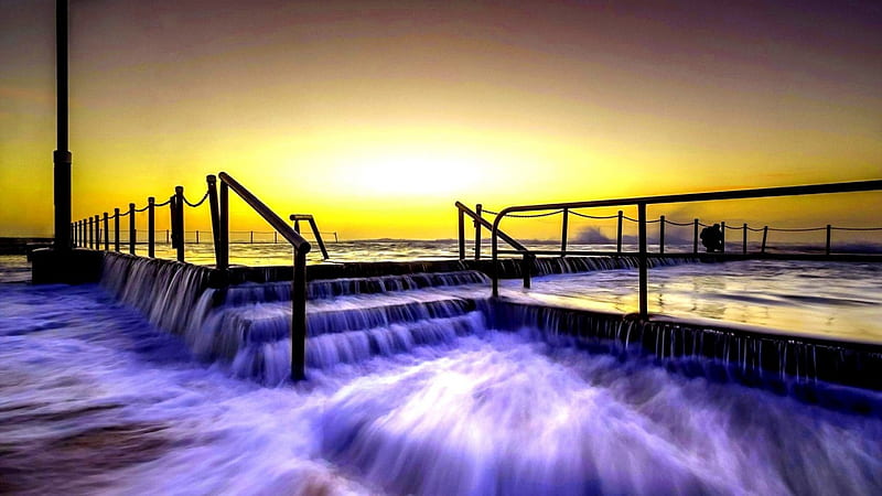 overflowing waves r, shore, railing, r, sunset, waves, sea, HD wallpaper