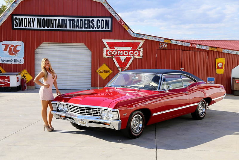 1967 Chevy Impala 283 Automatic and Girl, Red, 283, Muscle, Impala, Old-Timer, Automatic, Car, Chevy, Girl, HD wallpaper
