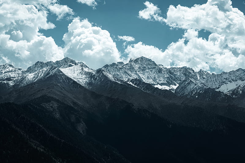 mountains, peaks, clouds, snowy, landscape, HD wallpaper