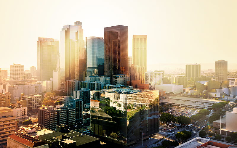 Los Angeles, evening, sunset, skyscrapers, cityscape, California, USA, Los Angeles panorama, HD wallpaper