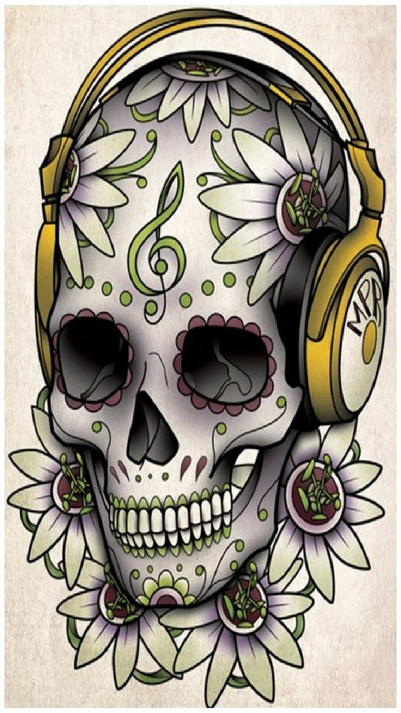 Sound off, sugar skull, music, headphones, dead, art, mask, tattoo, HD phone wallpaper