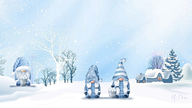 Winter Gnomes, winter, elves, snow, house, field, trees, gnomes, HD wallpaper