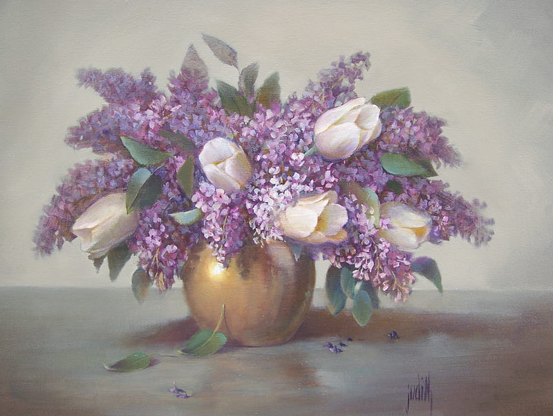Spring Bouquet, golden, vase, spring, lilacs, floral, leaves, green, purple, bouquet, flowers, arrangement, tulips, white, HD wallpaper
