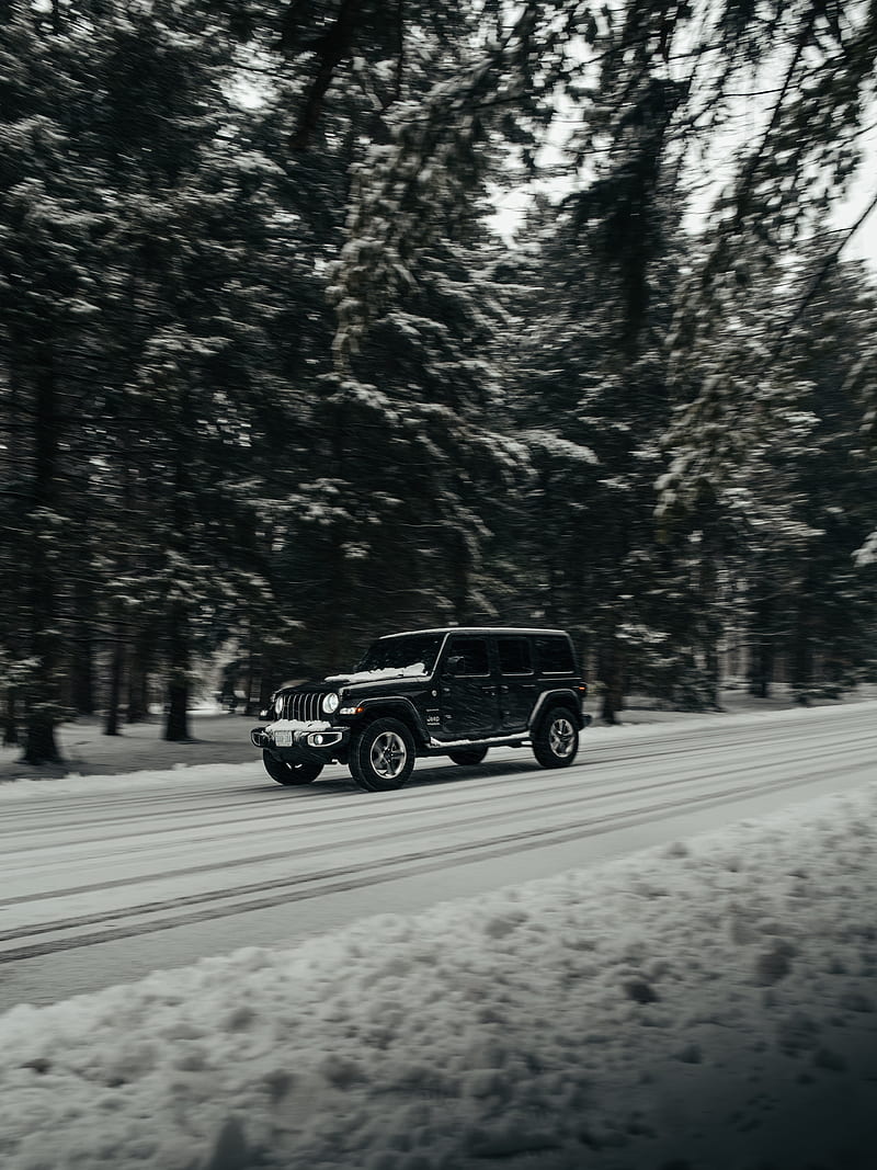 jeep wrangler, jeep, car, suv, black, road, snow, HD phone wallpaper