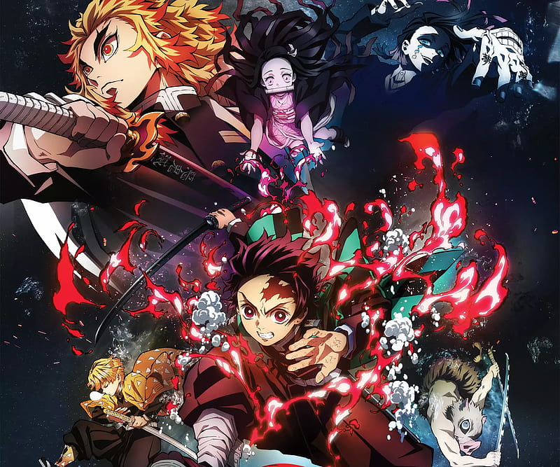 Anime, Demon Slayer: Kimetsu no Yaiba - The Movie: Mugen Train, Zenitsu Agatsuma, Tanjirou Kamado, Inosuke Hashibira, Nezuko Kamado, Kyojuro Rengoku, HD wallpaper