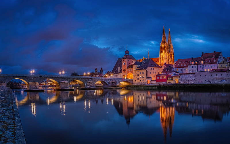 Regensburg, nightscapes, german cities, Danube River, Germany, cityscapes, Europe, HD wallpaper