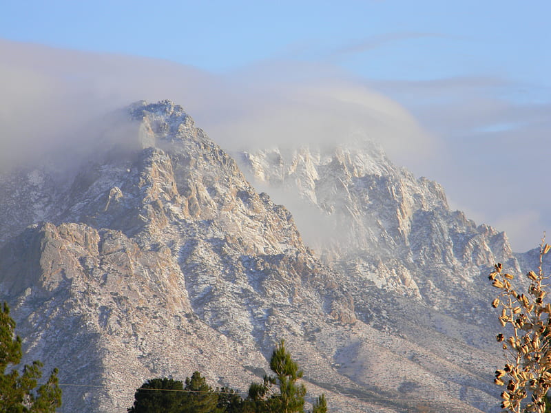 Misty Mountain Hop, desert, hop, clouds, snowy, cold, mountain, triplerubik, snow, mountains, led zeppelin, nature, misty, new mexico, HD wallpaper