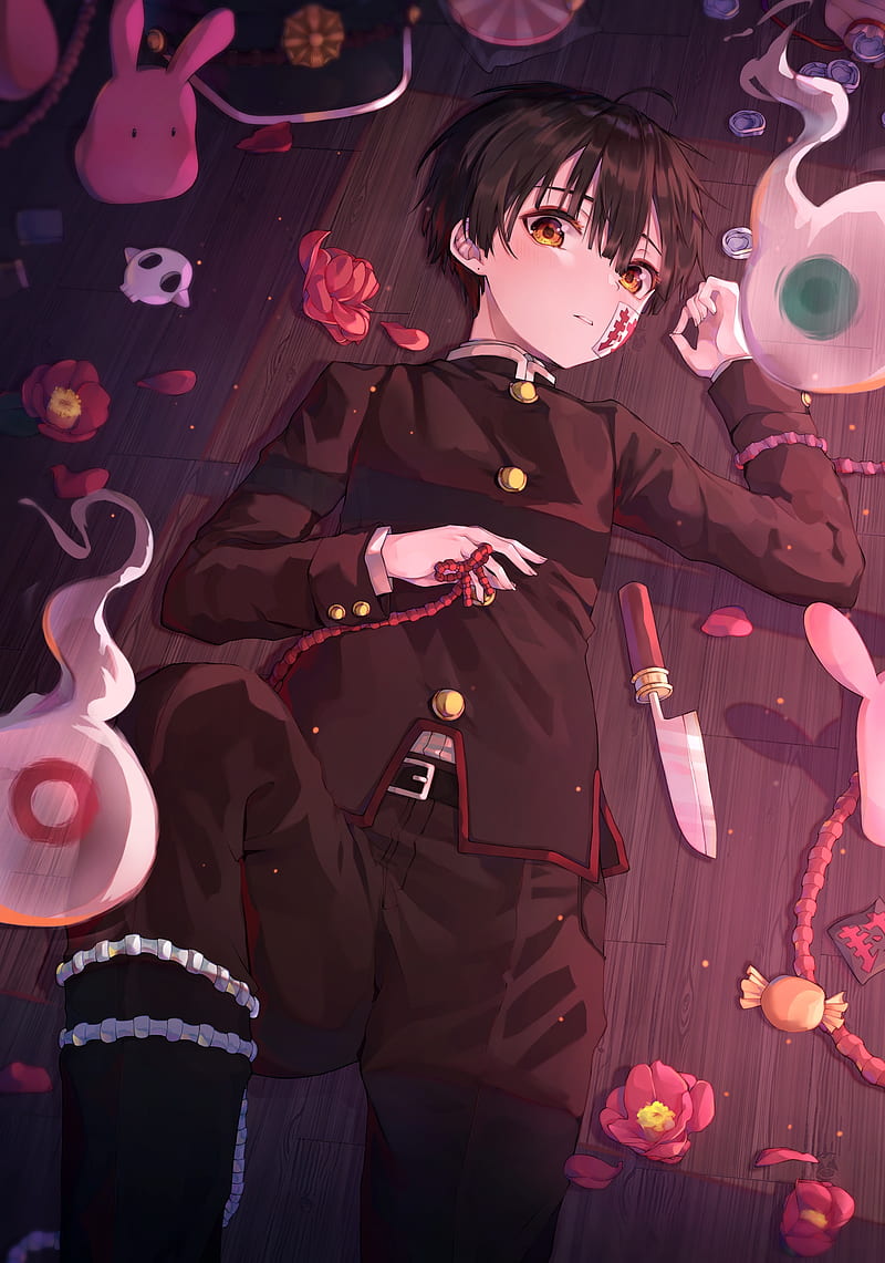 hanako, jibaku shounen hanako-kun, lying down, school uniform, knife, Anime, HD phone wallpaper