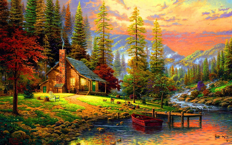 House beside the lake, house, boat, plants flowers, mountains, trees, lake, lights, dog, HD wallpaper