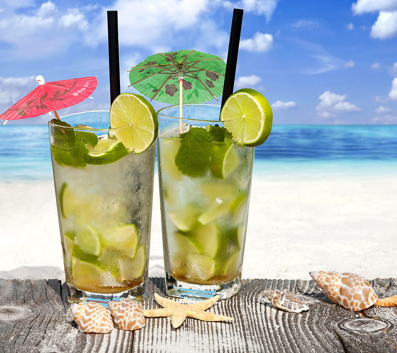 Mojito, beach, cocktail, drink, lime, seashells, HD wallpaper