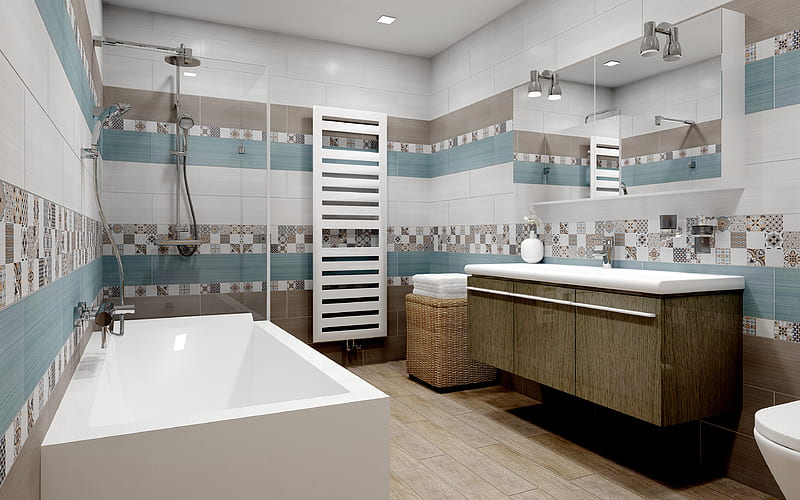 stylish bathroom interior design, brown-blue tile in the bathroom, wicker bathroom furniture, modern interior, bathroom, HD wallpaper
