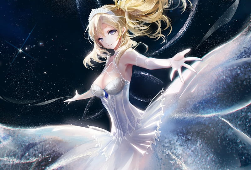 Princess, stars, Eli Ayase, love live, ayase, white dress, eli, HD wallpaper