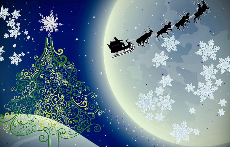 Christmas time, tree, moon, snowflakes, chrstmad, Santa, blue, night, deer,  HD wallpaper | Peakpx