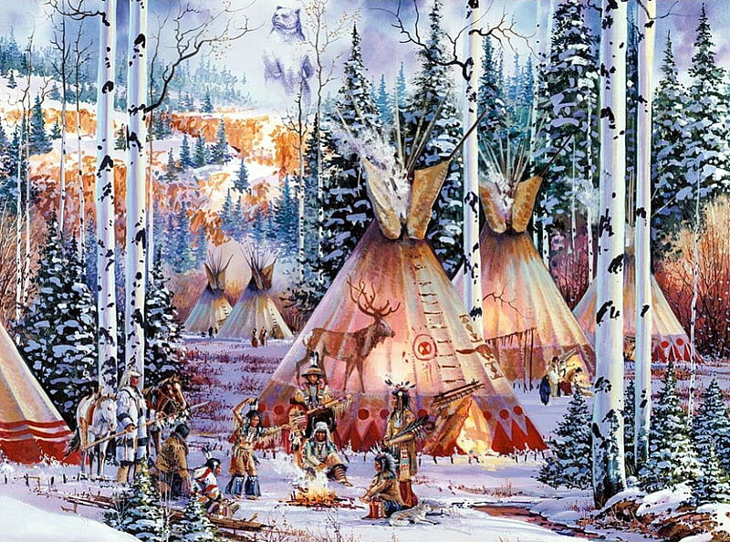 Native Village, teepees, snow, trees, artwork, winter, HD wallpaper