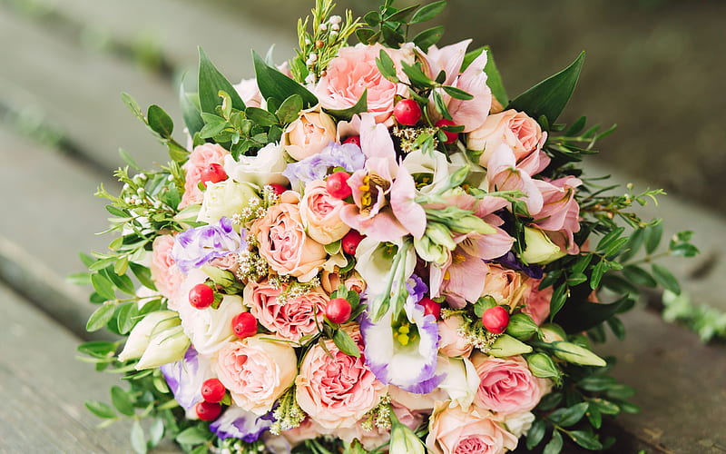 wedding bouquet, eustoma, pink roses, bridal bouquet, wedding concepts, HD wallpaper