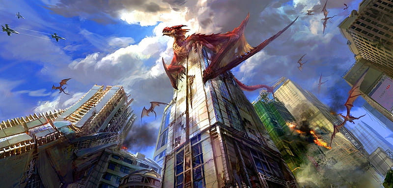 New World Order, fight, fantasy, catastrophy, dragon, HD wallpaper