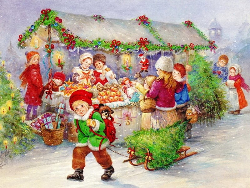 Christmas fun, christmas, holiday, children, fun, magic, joy, mood, market, winter, tree, snow, kids, HD wallpaper