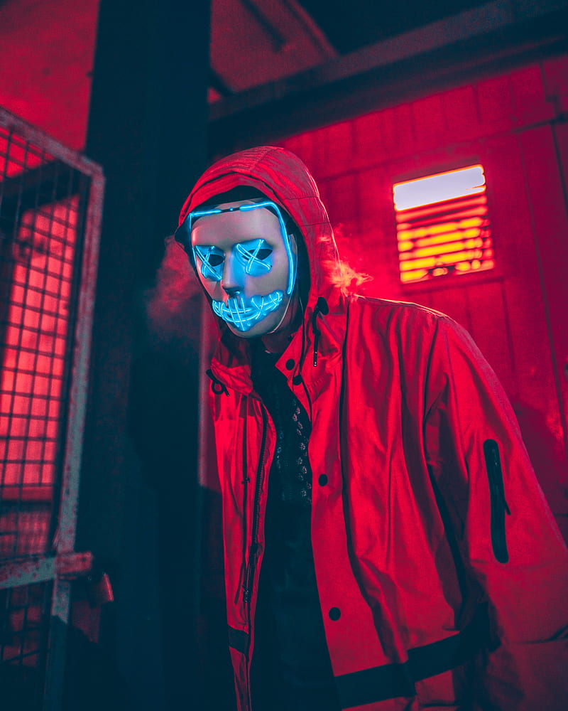 neon mask, mask, man, hood, red, HD phone wallpaper