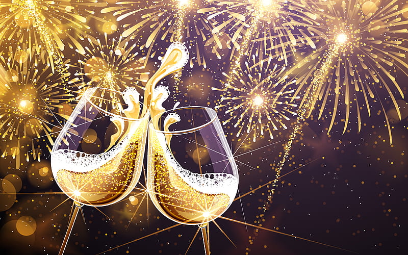 Glasses with champagne, Happy New Year, fireworks, holiday background, New Year background, champagne, HD wallpaper