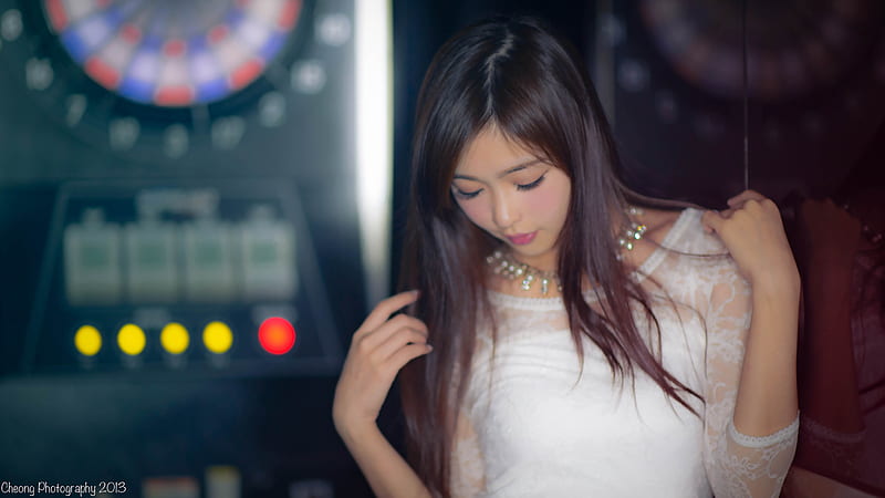 attractive asian girl, white dress, brown hair, looking down, model, Girls, HD wallpaper