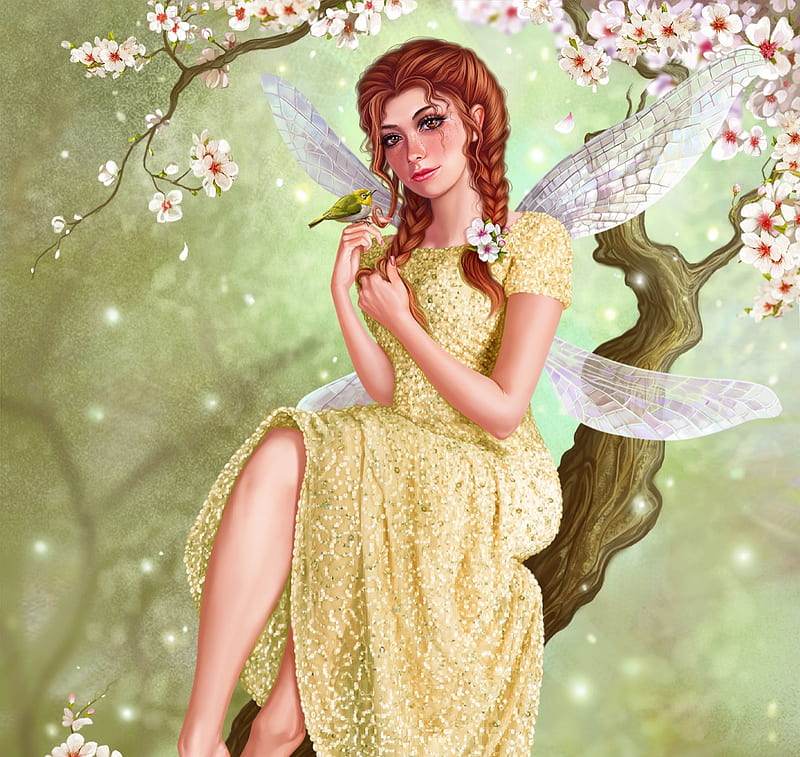 Spring fairy, fairy, art, wings, dress, luminos, yellow, spring, fantasy, rzhevskii darin, green, bird, flower, pastel, HD wallpaper