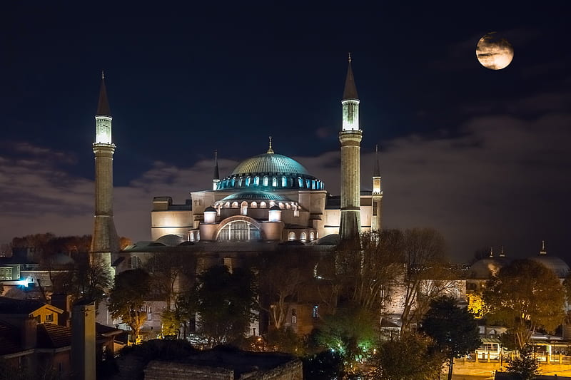 mosque, evening, Hagia Sophia, night, Turkey, Istanbul, HD wallpaper