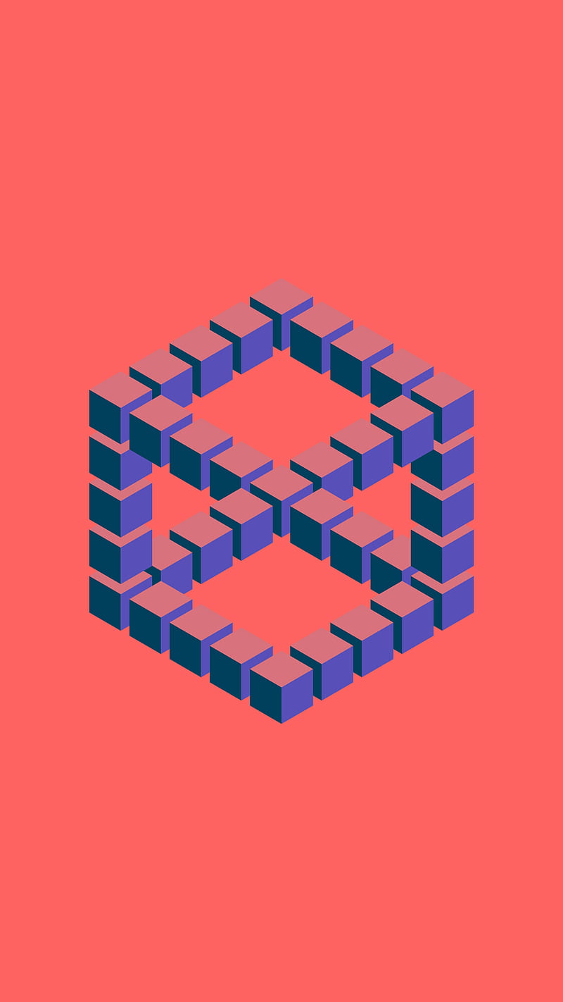 Impossible cube, 3d, Color, abstract, blue, bright, colourful, figure, game, geometric, illusion, illusive, intellect, intelligent, math, maze, minimal, multi-colored, op-art, optical-art, optical-illusion, paradox, penrose, pink, forma, sign, smart, symbol, visual, HD phone wallpaper