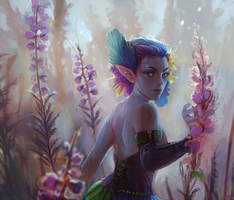 Heather fairy, fantasy, marzena piwowar, luminos, feather, flower, pink, fairy, blue, HD wallpaper