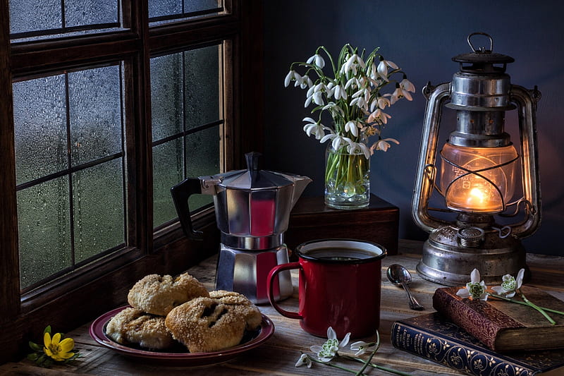Scones, Coffee and Snowdrops, twilight, snowdrops, meal, lantern, window, sweets, dew, scones, water, coffee, white, wooden, HD wallpaper