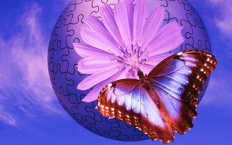 3D BUTTERFLY PUZZLE, ball, 3d, purple, flower, puzzle, HD wallpaper