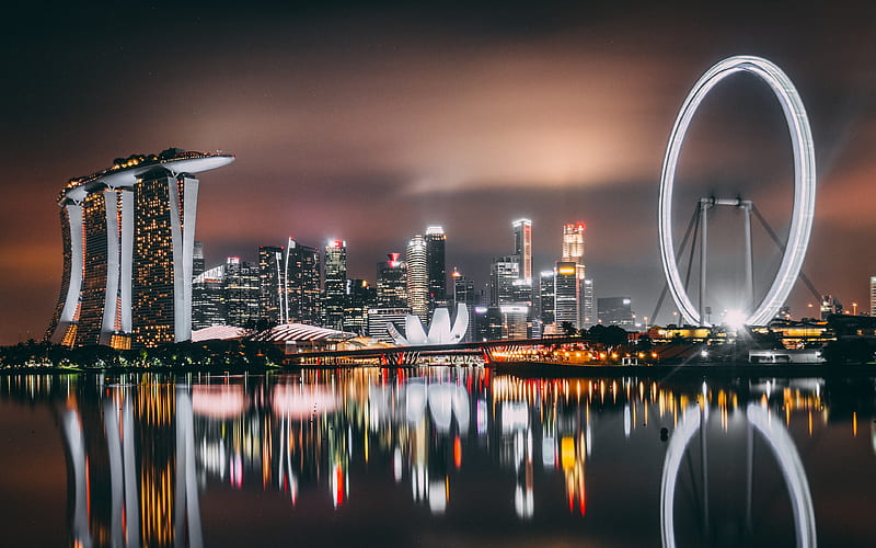 Singapore, Marina Bay Sands, ferris wheel, skyscrapers, Marina Bay, Asia, HD wallpaper