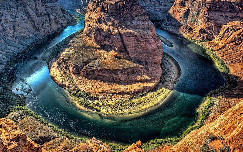 Horseshoe Bend, R, Glen Canyon, desert, Colorado River, american landmarks, summer, Arizona, USA, beautiful nature, America, HD wallpaper