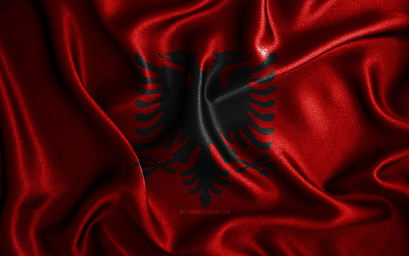 Albanian flag silk wavy flags, European countries, national symbols, Flag of Albania, fabric flags, Albania flag, 3D art, Albania, Europe, Albania 3D flag, HD wallpaper