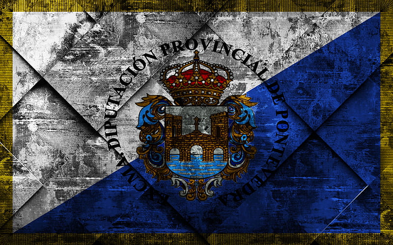 Flag of Pontevedra grunge art, rhombus grunge texture, spanish province, Pontevedra flag, Spain, national symbols, Pontevedra, provinces of Spain, creative art, HD wallpaper