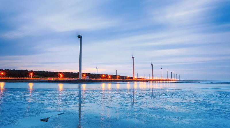 coastal turbine windmills at dusk, windmills, dusk, coast, lights, sea, HD wallpaper