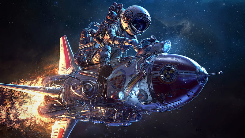 Cosmonaut, retrofuturist, rocket, fantasy, luminos, mikhail buleyko, bike, blue, HD wallpaper