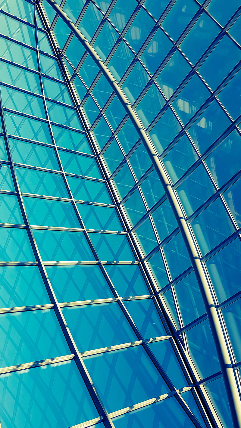 Glass and steel, abstract, blue, blue sky, building, desenho, modern building, steel frame, tech, HD phone wallpaper