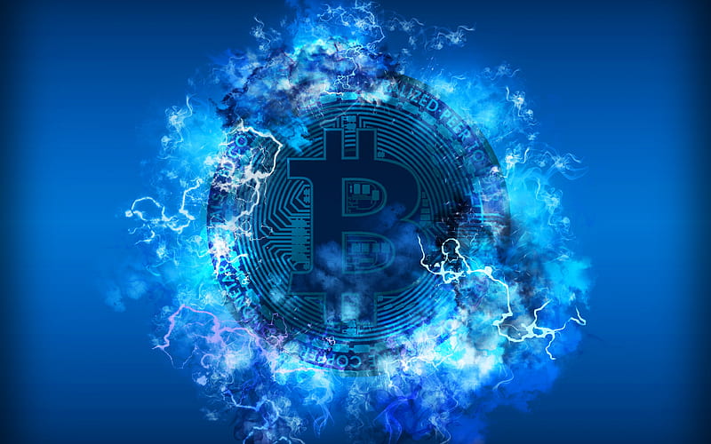 Bitcoin, neon lights, electronic money, blue background, crypto currency, creative, HD wallpaper