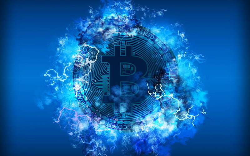 Bitcoin, neon lights, electronic money, blue background, crypto currency, creative, HD wallpaper | Peakpx