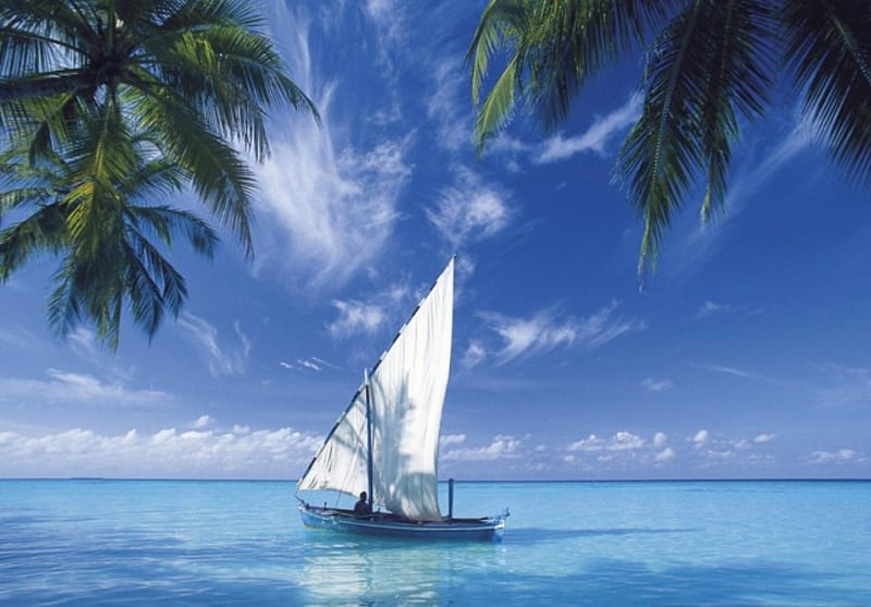 Beautiful Blue Ocean, boat, blue water, white boat, ocean, clouds, sky, HD wallpaper