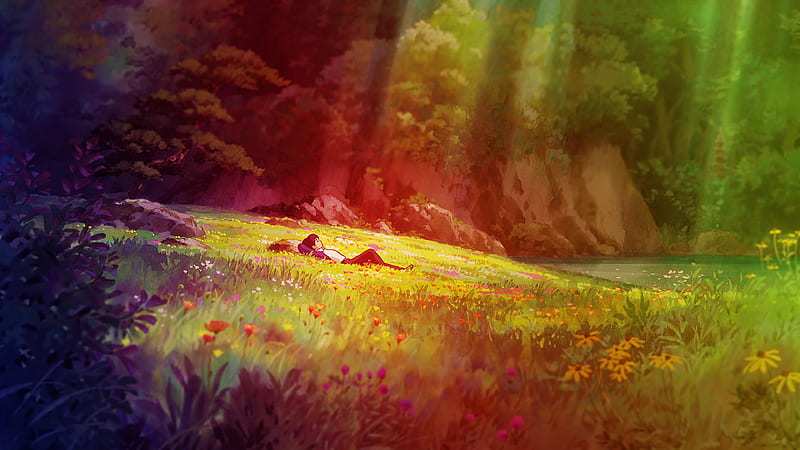 anime landscape, anime boy, lying down, resting, cozy, sunrays, Anime, HD wallpaper
