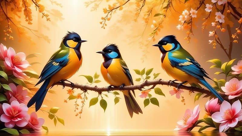 Three colorful birds on a branch, szines tollazat, csor, harom, ules, novenyzet, faag, madar, arany szinek, rozsaszin viragok, termeszet, feher viragok, HD wallpaper