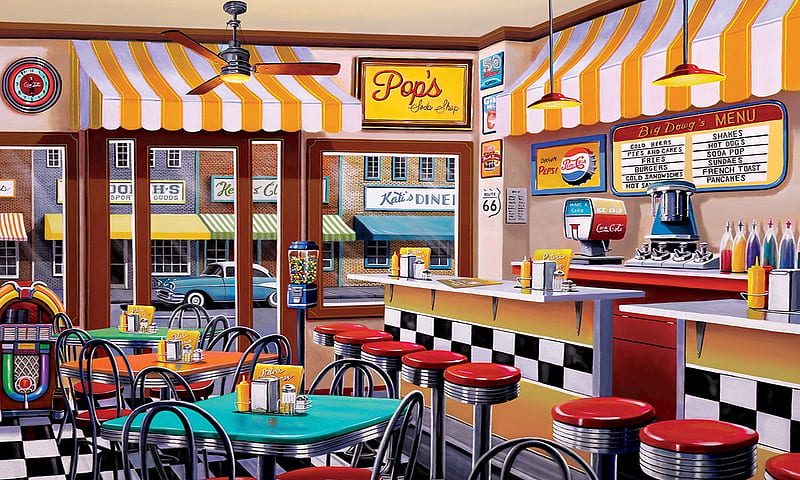 Vintage Diner, memories, Building, colorful, Vintage, store, Retro, diner, old fashion, Jukebox, HD wallpaper