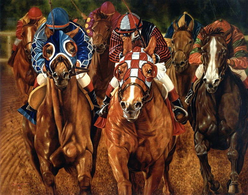 A Fast Finish, horse race, jockeys, finsh line, checkered, animals ...
