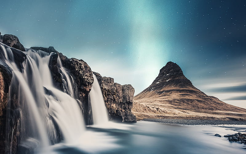 Kirkjufell Mount, darkness, waterfalls, Icelandic landmarks, mountains, Europe, Kirkjufell, Iceland, HD wallpaper