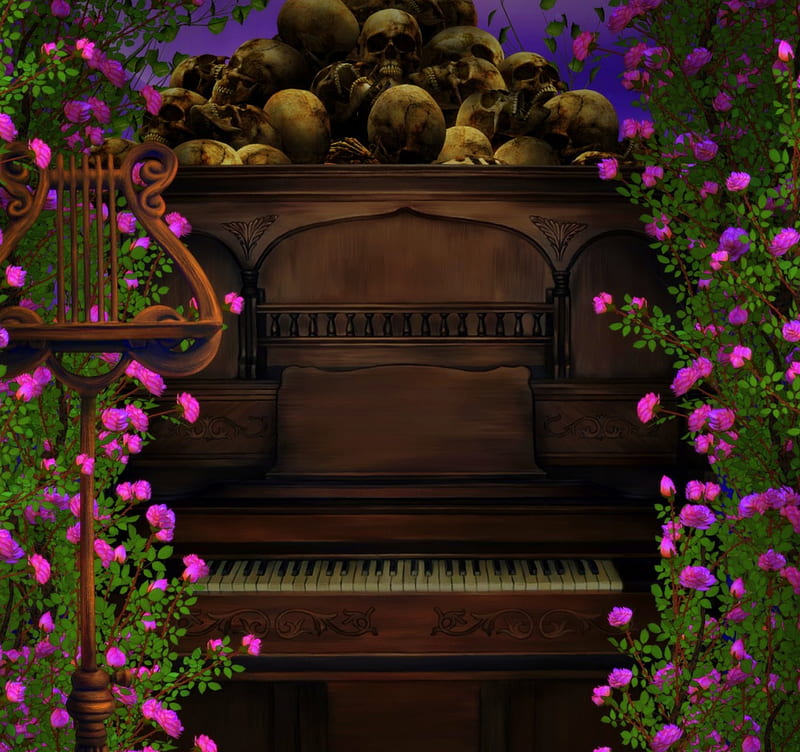 ✫Music in the Darkness✫, grass, premade, music, creeping plants, creative pre-made, roses, piano, skulls, stock , darkness, plants, exterior, flowers, backgrounds, resources, HD wallpaper